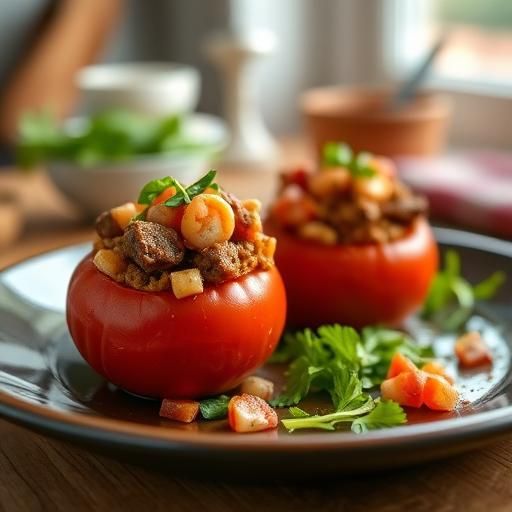 Beef and Tofu Stuffed Tomatoes with Shrimp Salsa