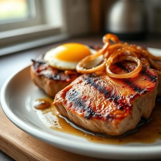 Grilled Pork Chops with Caramelized Onions and Fried Eggs