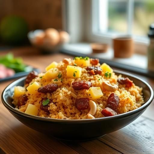 Beef and Egg Fried Rice with Pineapple and Cashews