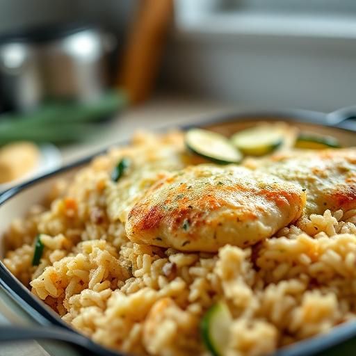 Baked Chicken and Rice Casserole with Zucchini, Onions, and Cheese