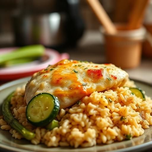 Baked Chicken and Rice Casserole with Zucchini and Onions