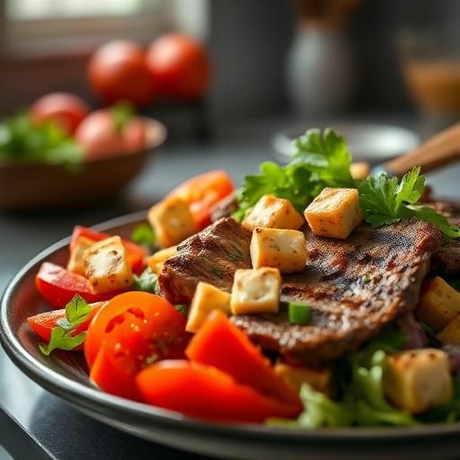 Grilled Beef and Tomato Salad with Tofu Croutons