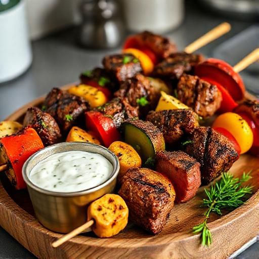 Grilled Beef and Vegetable Skewers with Tzatziki Sauce
