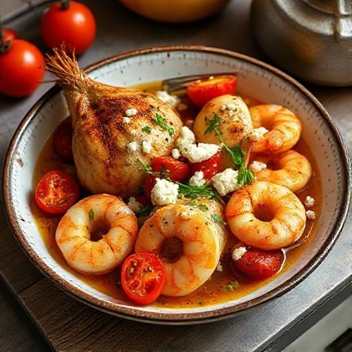 Baked Chicken and Shrimp with Roasted Tomatoes and Feta