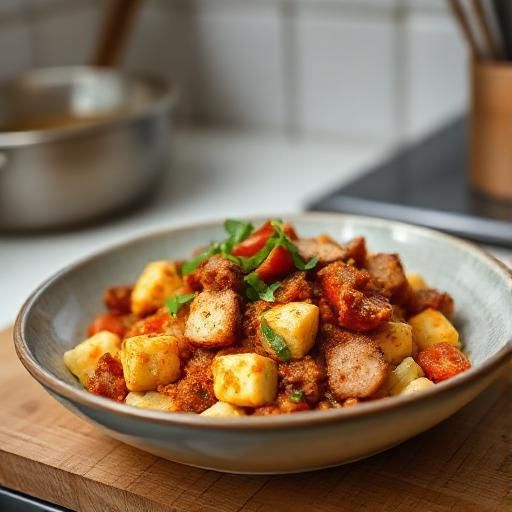 Tofu and Tomato Scramble with Crispy Pork