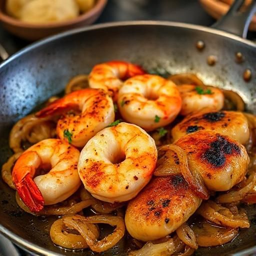 Pan Seared Shrimp and Chicken with Caramelized Onions