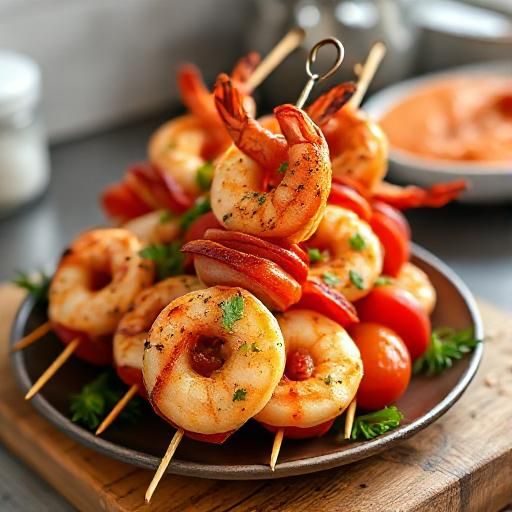 Bacon Wrapped Shrimp and Tomato Skewers