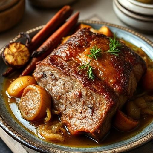 Braised Pork Belly with Caramelized Onions and Roasted Vegetables