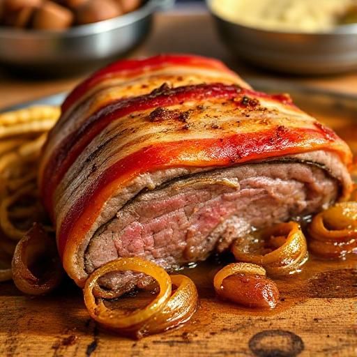 Bacon Wrapped Beef with Caramelized Onions