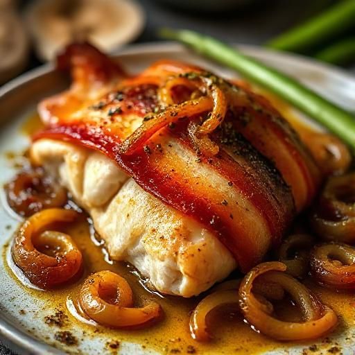 Bacon Wrapped Fish with Caramelized Onions