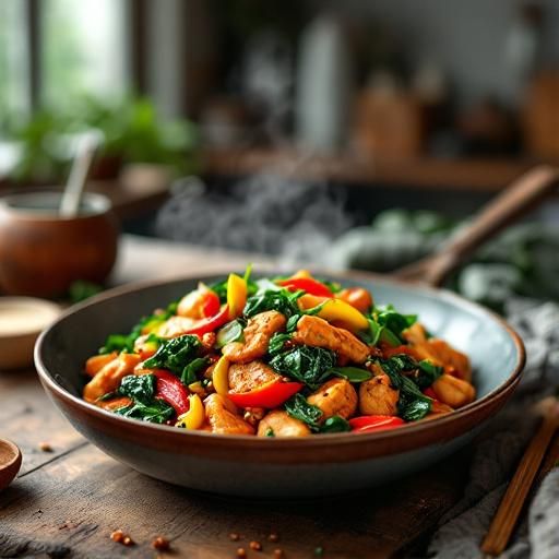 Spicy Chicken Stir-Fry with Bell Peppers & Sesame Spinach