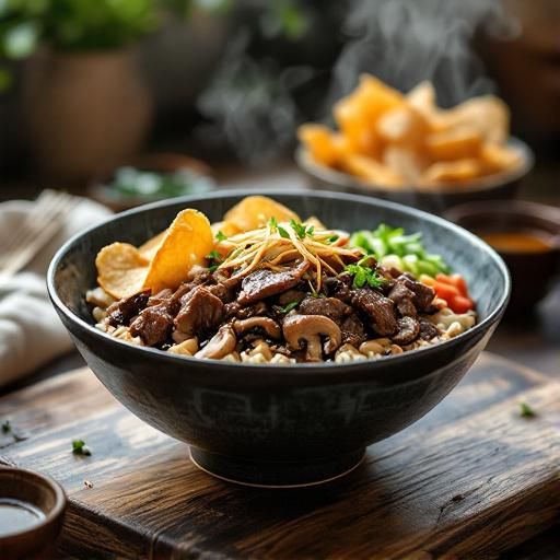 Japanese Beef and Mushroom Donburi with Crispy Garlic Chips