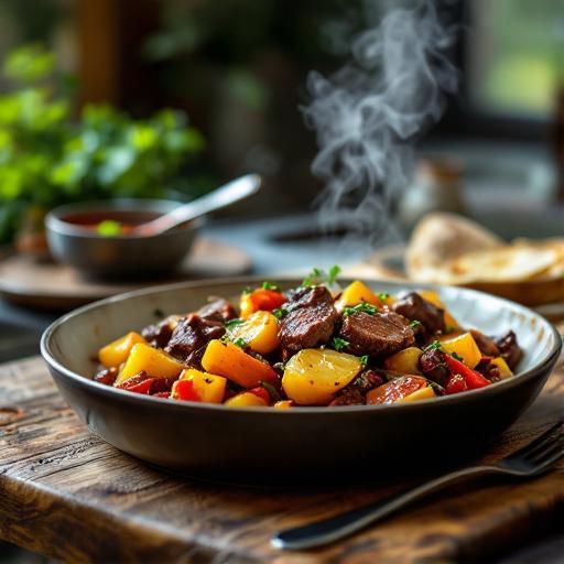 Spanish Smoky Beef and Potato Braise with Roasted Peppers