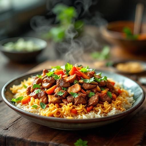 Thai Basil Beef Stir-Fry with Crispy Rice Cake