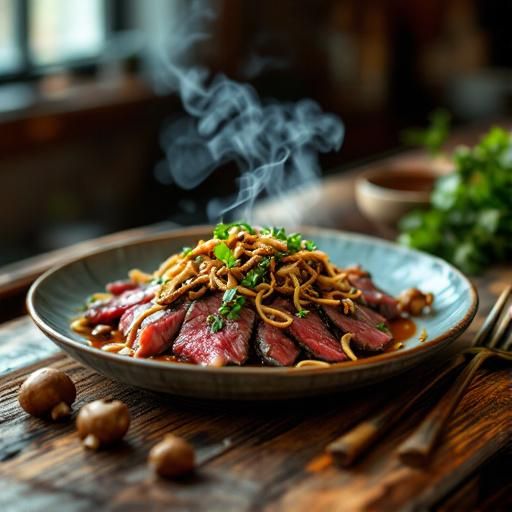 Japanese Beef Tataki with Garlic Ponzu and Crispy Mushrooms