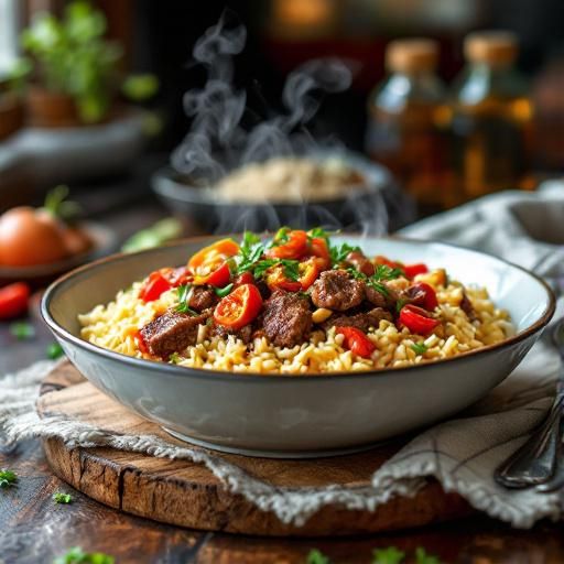 Spanish-style Garlic Butter Rice with Smoky Beef and Piquillo Peppers