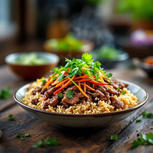 Thai-inspired Beef Laab with Crispy Rice and Herb Salad