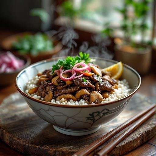 Japanese-Style Beef and Mushroom Rice Bowl with Pickled Red Onions