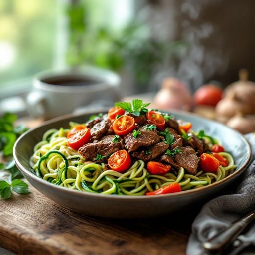 Thai Basil Beef with Zucchini Noodles and Roasted Tomatoes