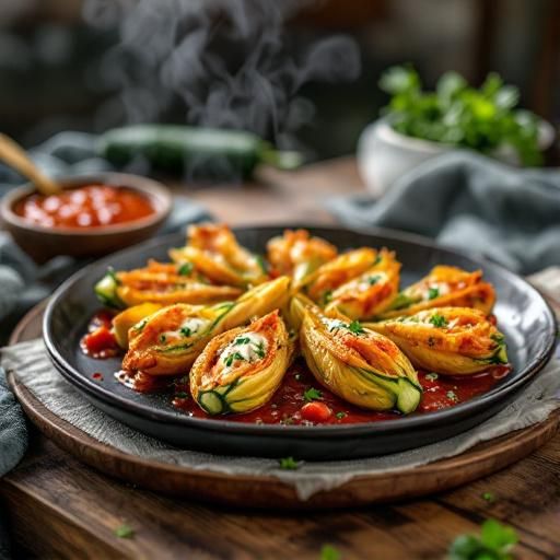 Crispy Zucchini Blossoms stuffed with Garlic-Parsley Ricotta, served with Spicy Tomato Sauce