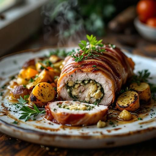 Bacon-Wrapped Pork Tenderloin with Garlic-Herb Stuffing and Roasted Vegetables