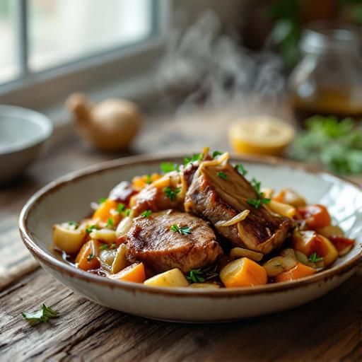 Braised Pork Cheeks with Caramelized Onions, Garlic, and Root Vegetables (French-Inspired)