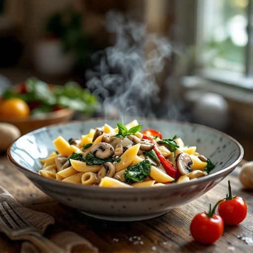 Creamy Garlic-Mushroom Penne Pasta with Wilted Spinach and Roasted Red Pepper