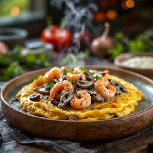 Garlic Shrimp and Onion Omelette with Creamy Mushroom Sauce