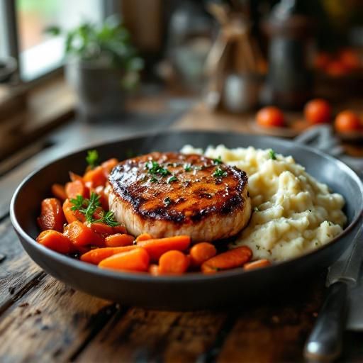 Chipotle-Glazed Pork Chops with Roasted Carrots and Garlic Mashed Potatoes