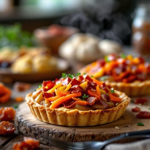 Caramelized Onion and Bell Pepper Tarts with Crumbled Bacon and Carrot Salad