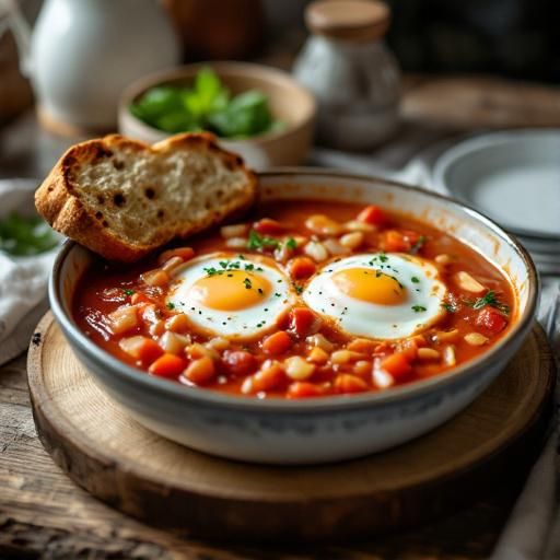 Poached Eggs in Tomato Onion Broth with Crusty Bread