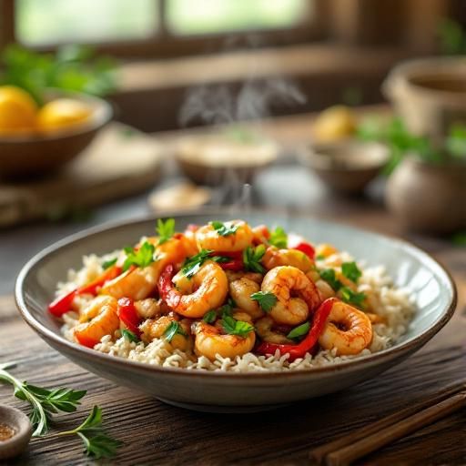 Garlic Shrimp & Bell Pepper Stir-Fry with Lemon Rice