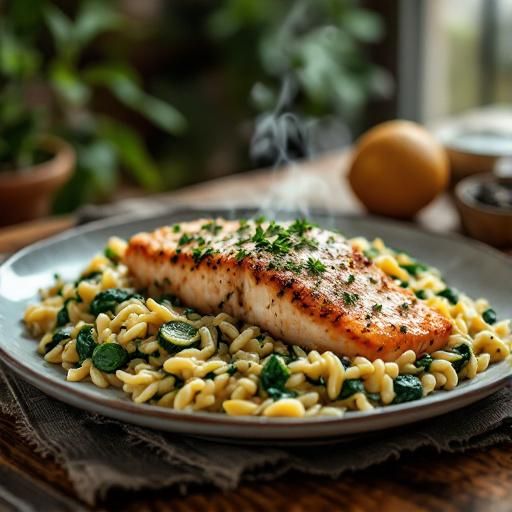 Baked Lemon-Herb Crusted Salmon with Creamy Spinach & Zucchini Orzo
