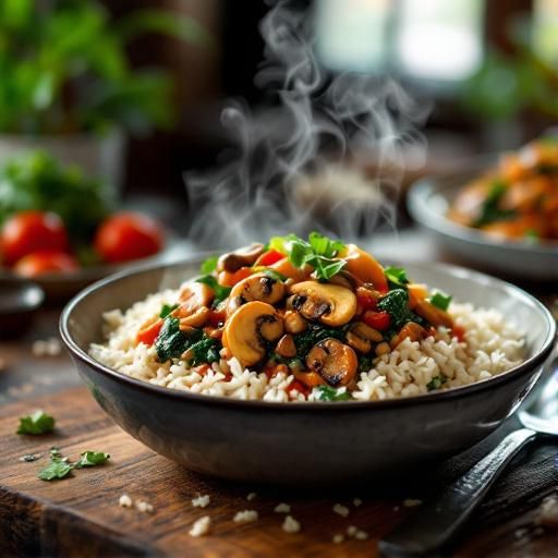 Spicy Mushroom and Spinach Stir-Fry with Garlic Rice