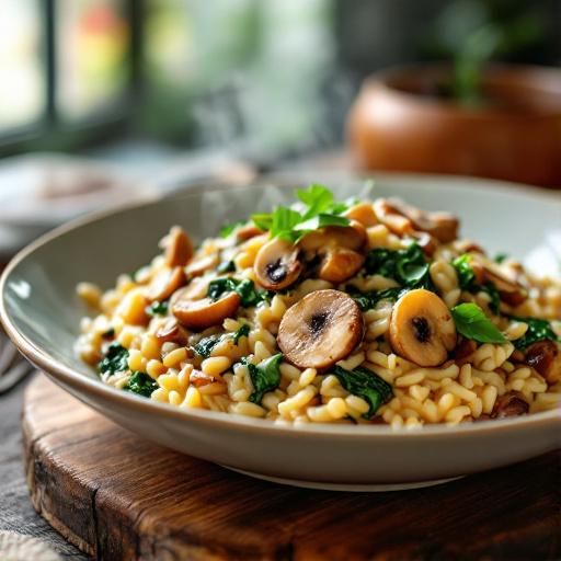 Garlic Mushroom Risotto with Wilted Spinach