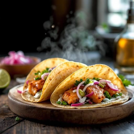 Smoky Fish Tacos with Garlic-Lime Crema and Pickled Onions