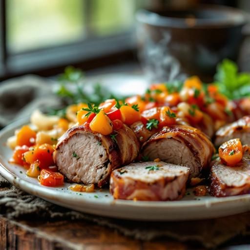 Bacon Wrapped Pork Tenderloin with Roasted Tomato Onion Relish