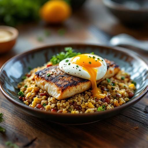 Pan Seared Fish with Garlic Onion Quinoa and Poached Eggs