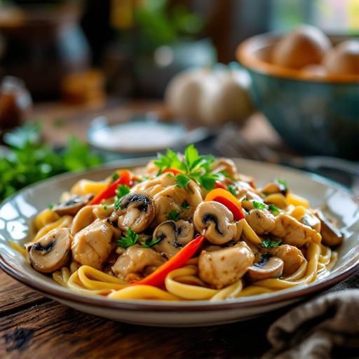 Mushroom and Bell Pepper Stroganoff with Chicken