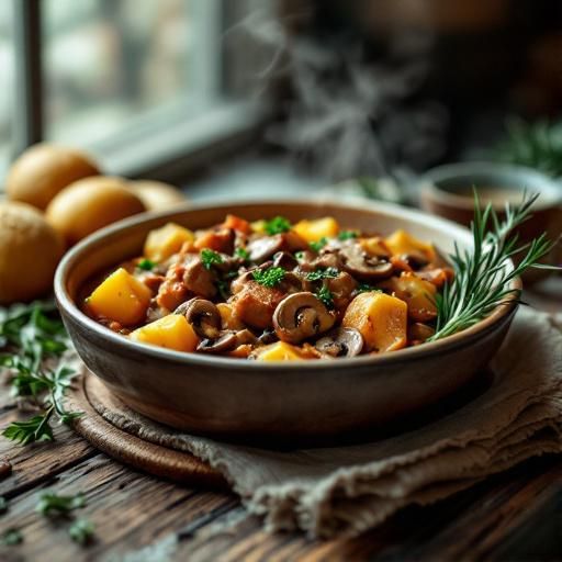 Spanish Pork and Mushroom Stew with Garlic Potatoes