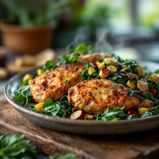 Crispy Garlic Chicken with Spinach-Zucchini Salad