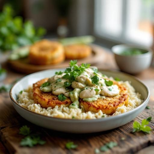 Creamy Salsa Verde Chicken with Crispy Rice Cakes
