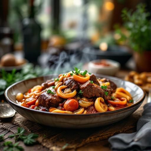 Braised Beef in Garlic-Tomato Sauce with Caramelized Onions