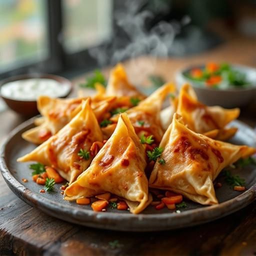 Spicy Chicken and Vegetable Wontons with Tangy Greek Yoghurt Dip