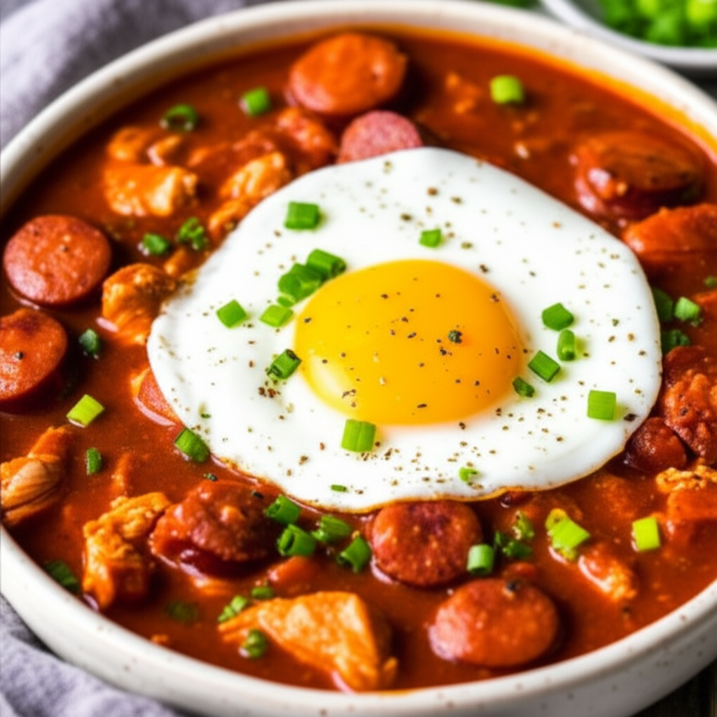 Spicy Chicken and Andouille Gumbo with Fried Egg