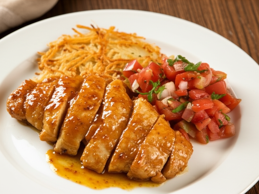 Pan-Seared Honey-Glazed Chicken with Crispy Potato Hash and Fresh Tomato Salsa