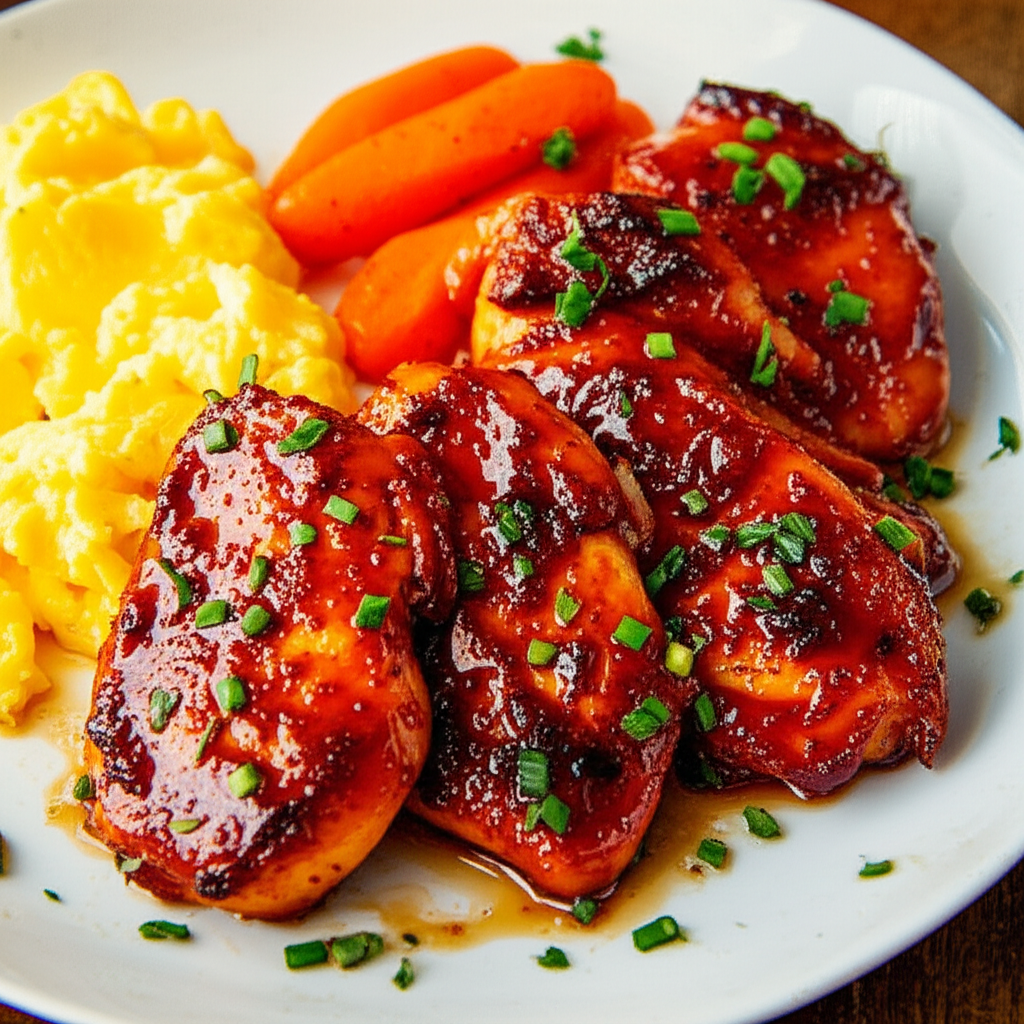 Sweet Chilli Glazed Chicken with Garlic Sautéed Carrots and Creamy Scrambled Eggs