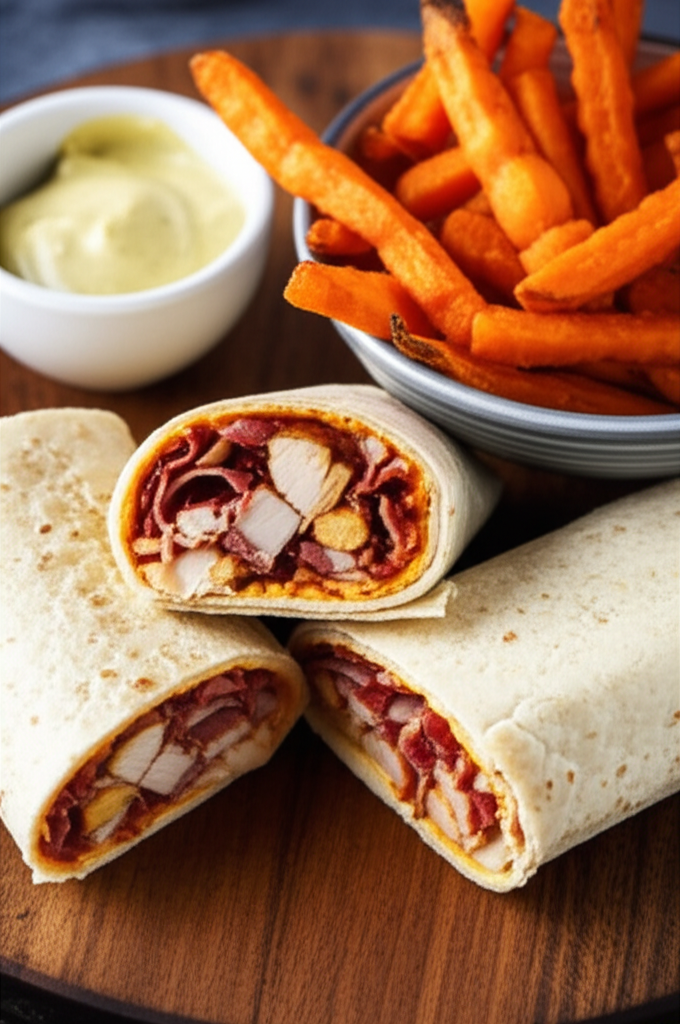 Smoky Chicken and Bacon Wraps with Garlic Mustard Mayo and Sweet Potato Fries