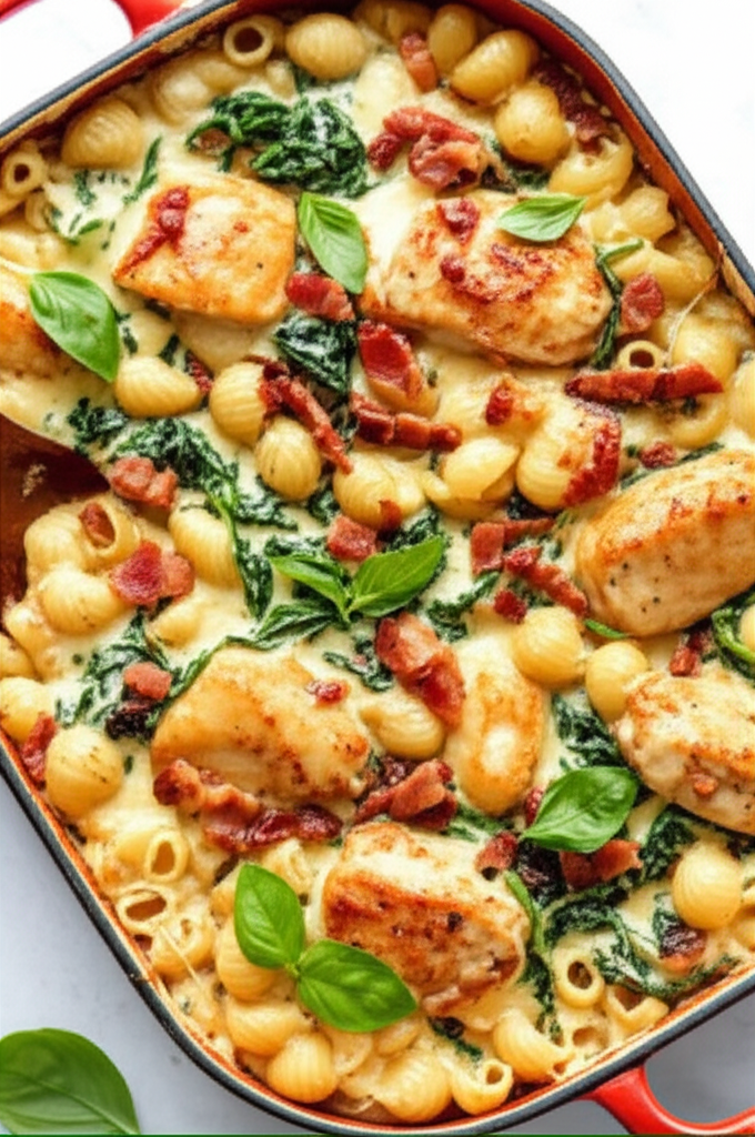Tuscan Style Creamy Baked Chicken and Bacon Pasta