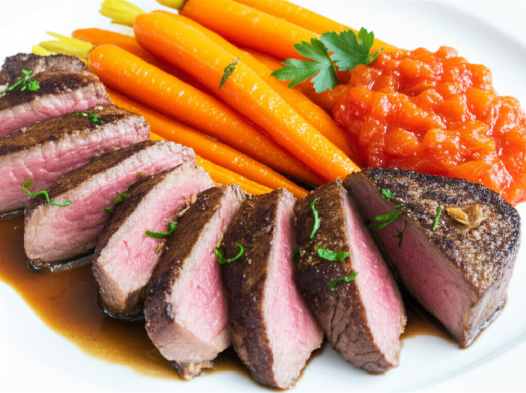 Pan-Seared Beef Medallions with Glazed Carrots and Tomato Confit